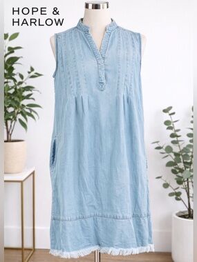 Hope & Harlow Denim Fringe Frayed Dress sleeveless Light Blue Coastal Cowgirl 2